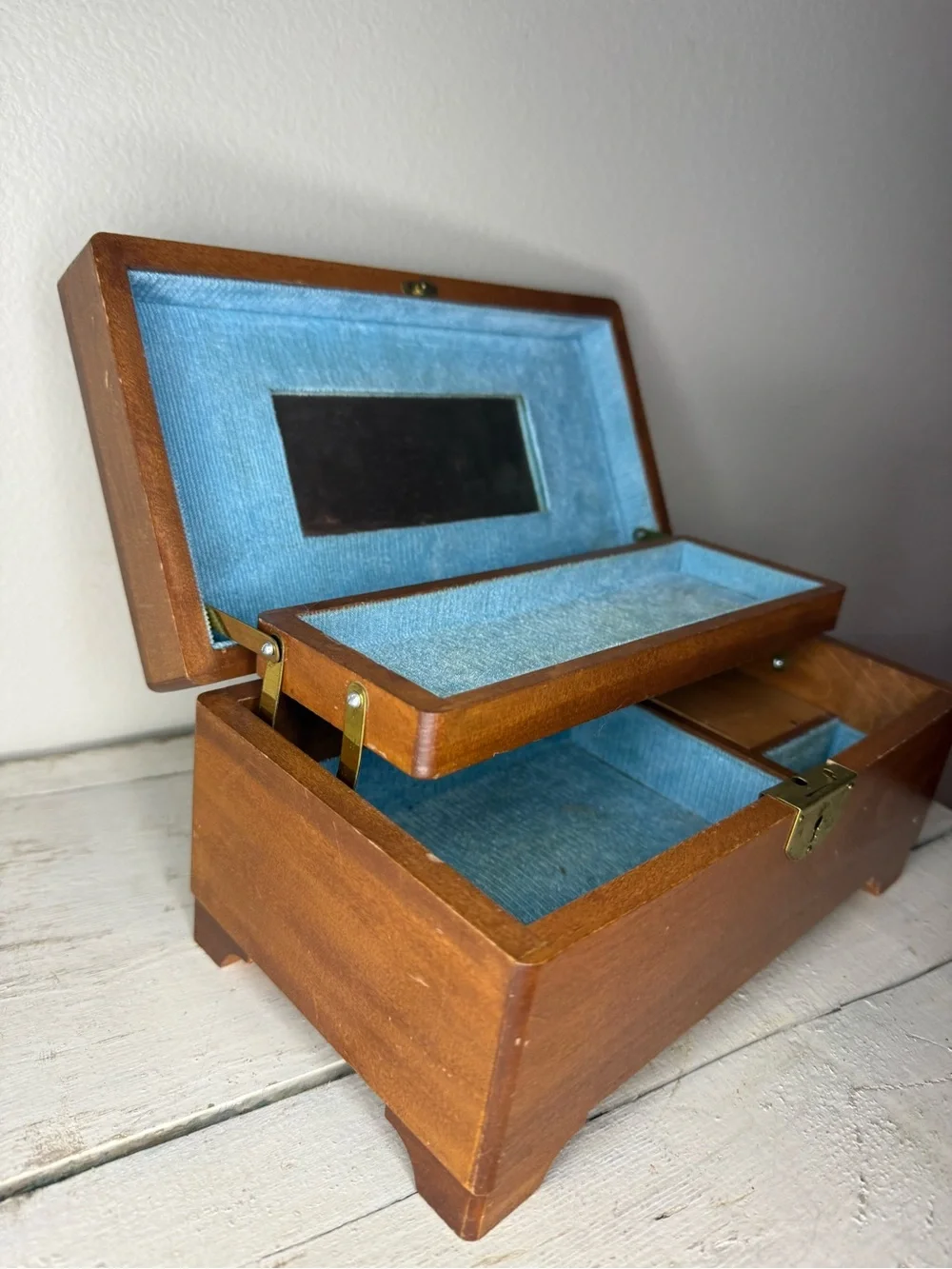 Vintage MCM Wooden Jewelry Music Box WORKS! Japan Mirror Blue Velvet Box